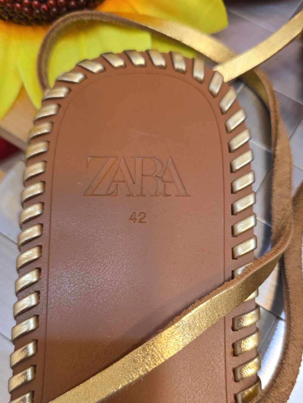 Zara Leather Gold Leather Lace-Up Sandals - Picture 6 of 7